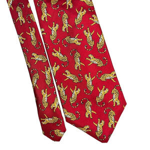 VTG NEW Fil A Fil Made in France Hand Made Jaguar Leopard Cat Red Silk Tie 54”